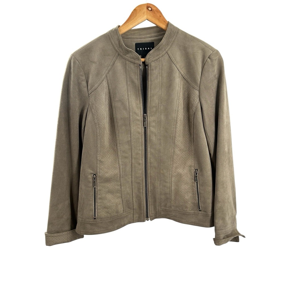 Tribal 12P Petite Suede Jacket Light Brown Zip Front Womens Crop Layer